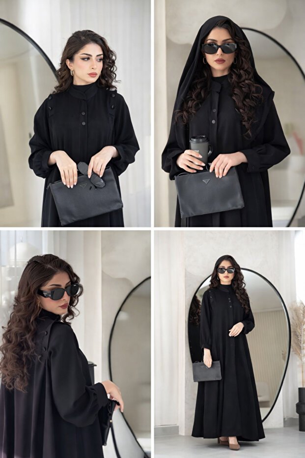 Karmen عباية جوري سوداء -قماش انترنت- قصة ربع كلوش- بأكمام طقطق- مقفولة بطقطق مخفية - الصورة 3
