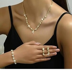 shopidik طقم مجوهرات بتصميم فرع زهرة ذهبية اللون مرصع بأحجار الزركون اللامعة
