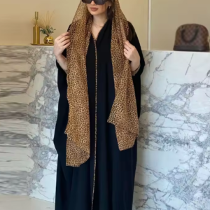 فستان نسائي تركي أنيق للمسلمات، كارديجان أسود بتصميم فسيفساء الفهد مع عصابة رأس مجانية
