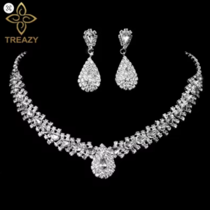 TREAZY-طقم مجوهرات الزفاف للنساء ، طقم أقراط وقلادة من حجر الراين الكريستالي اللامع ، مطلي بالفضة